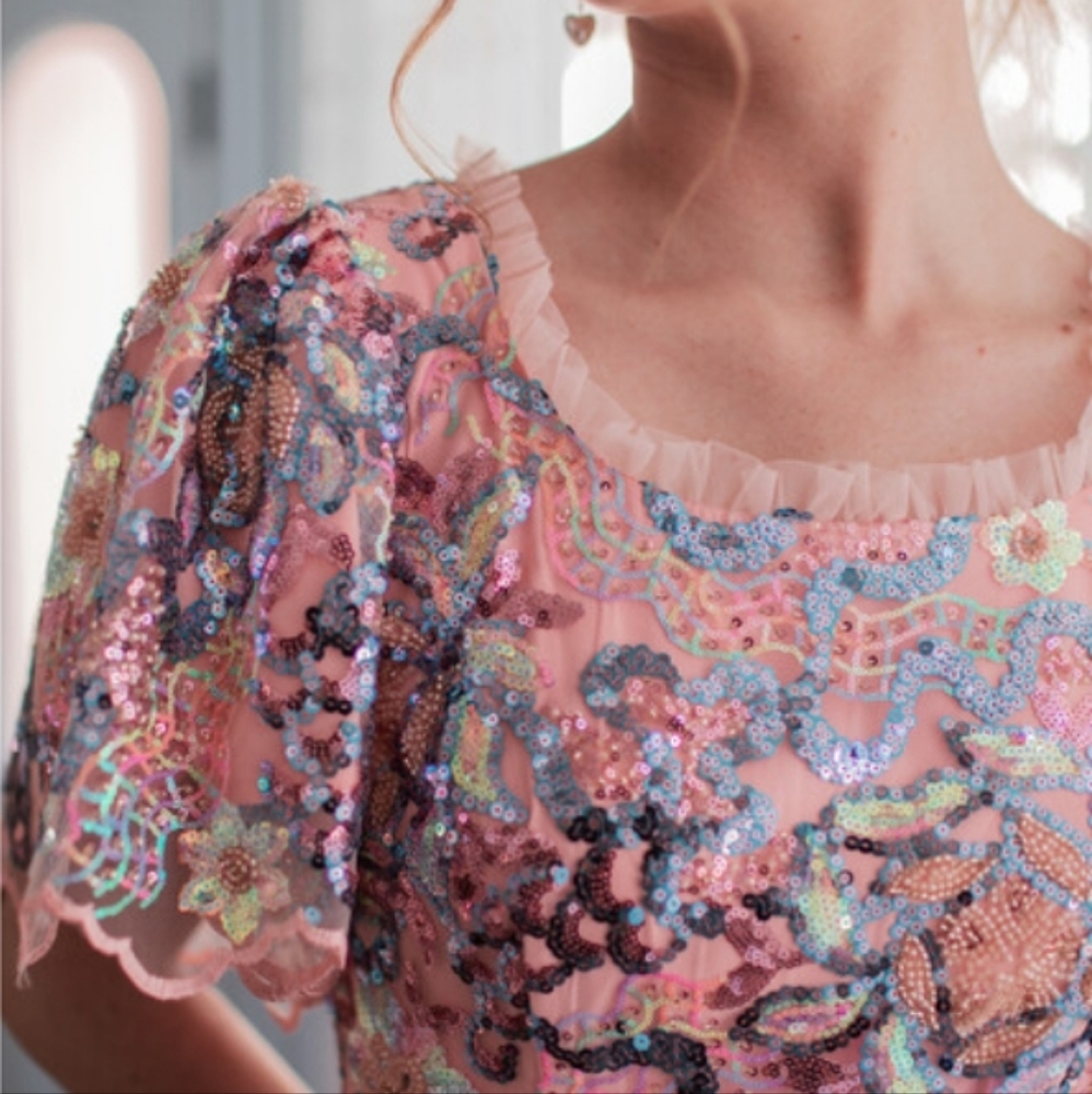 NWT JESSAKAE Beaded Sequins Tulle Flutter Sleeve Decadence Midi Dress XXL New - Picture 2 of 16